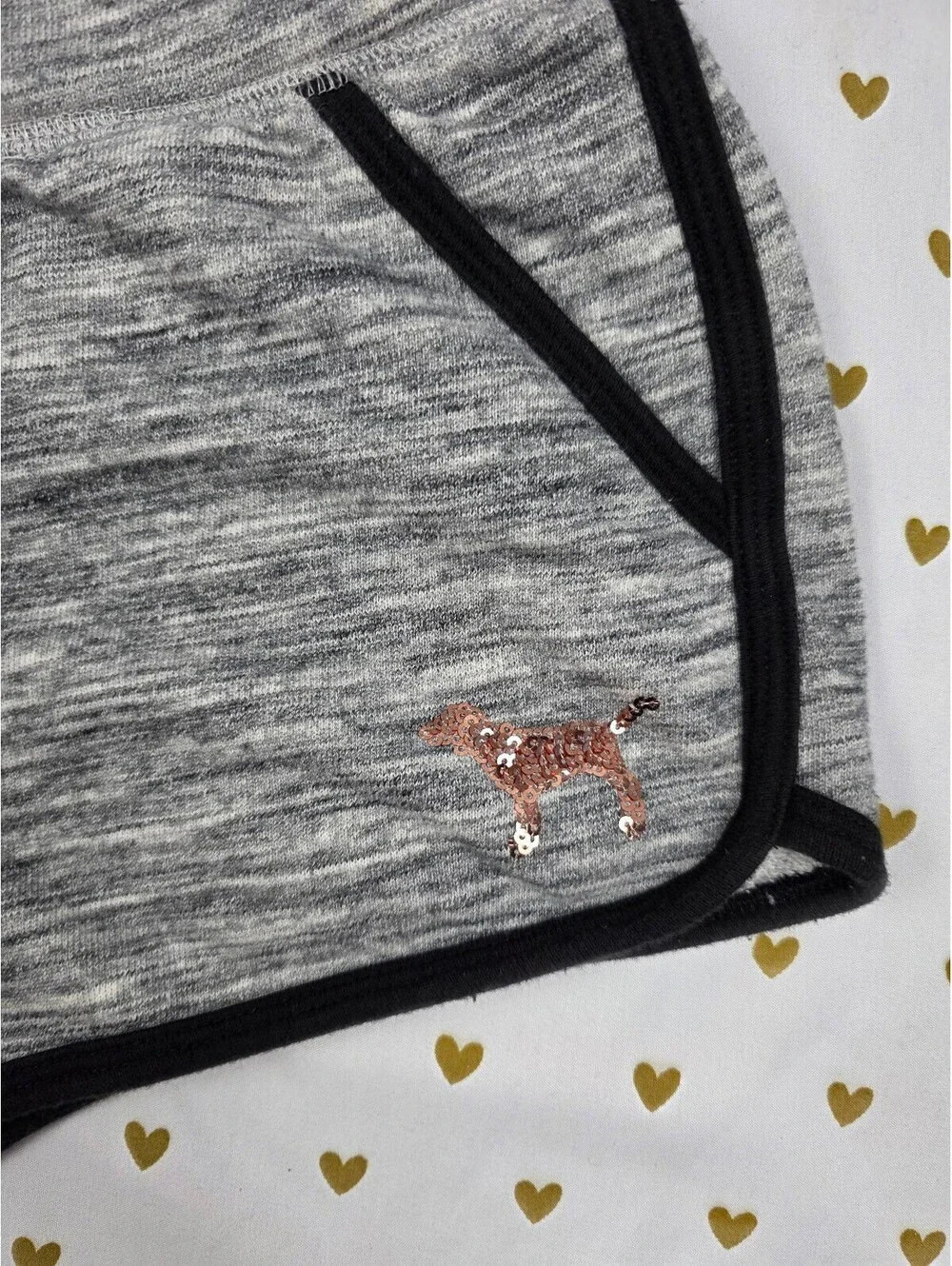 Victorias Secret PINK Grey GOLD BLING SEQUIN Sweat Shorts Dog SMALL
